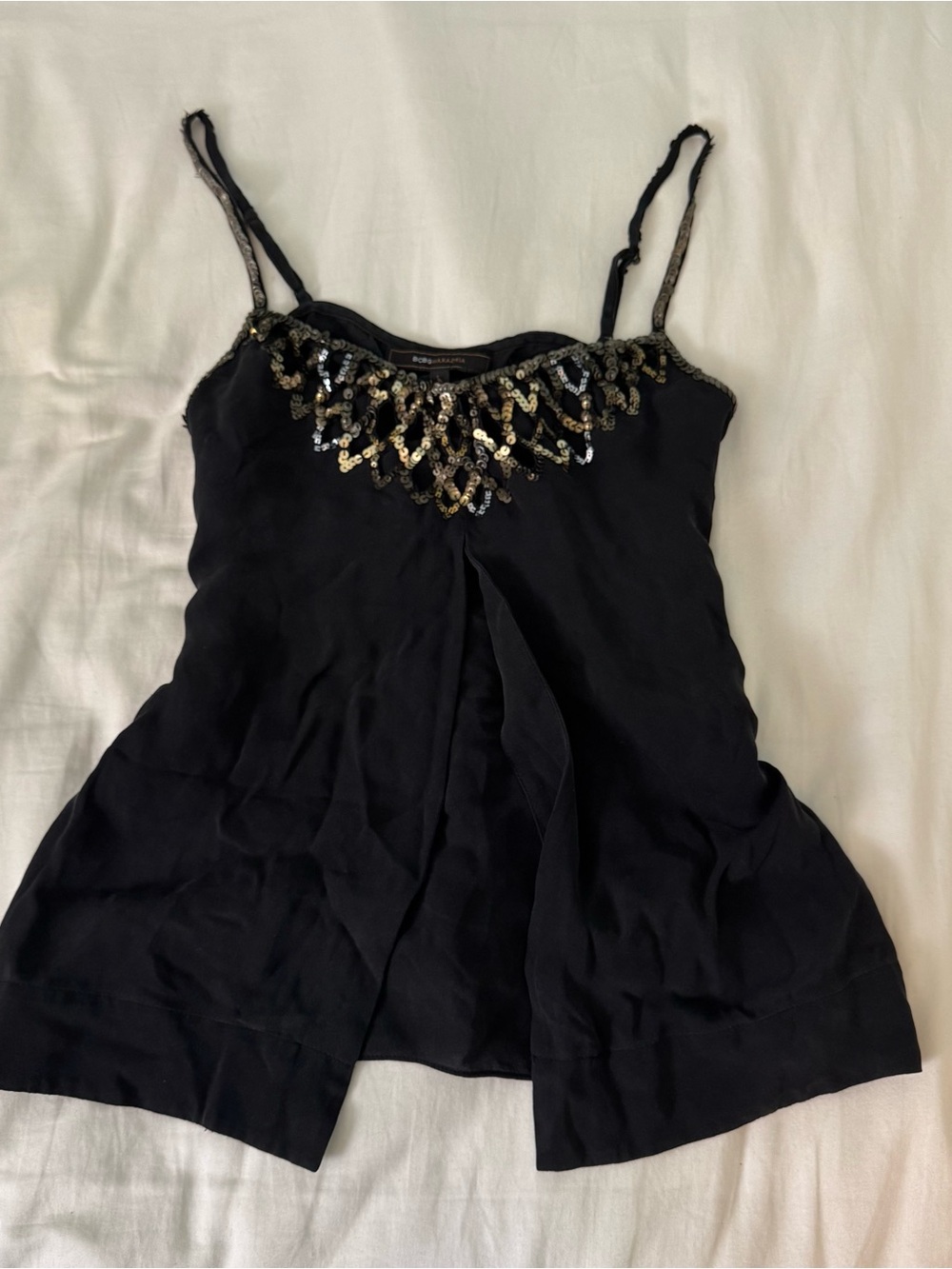 Black Sequin-Embellished Spaghetti Strap Top
